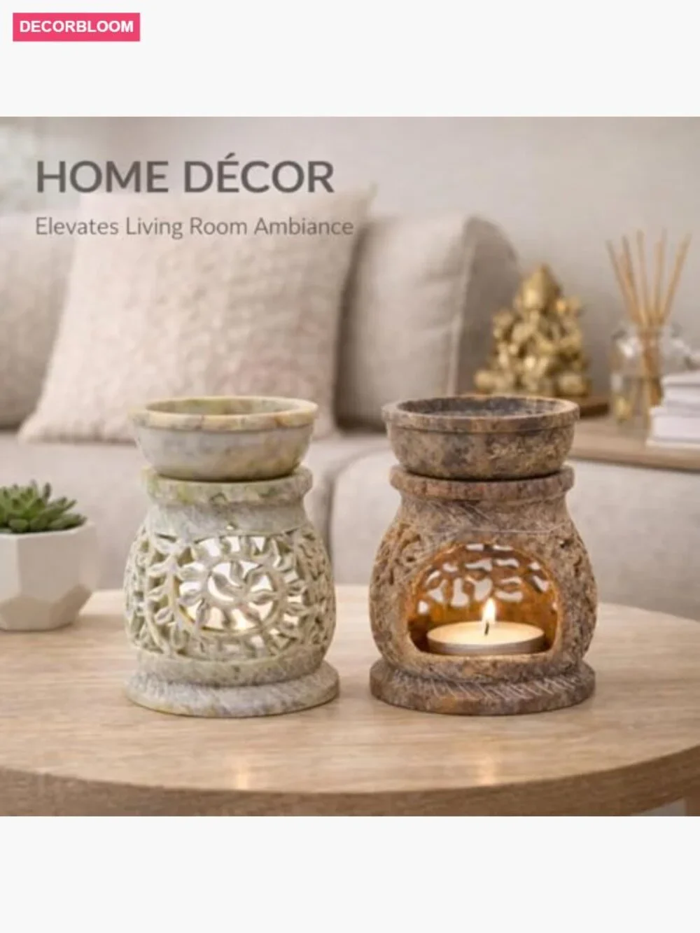 Handcarved Soapstone Aroma Oil Burner - Tea Light Candle Holder Wax Warmer for